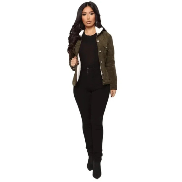 FASHION NOVA Living Without You Corduroy Sherpa Trucker Jacket Olive Size Medium - Picture 3 of 12